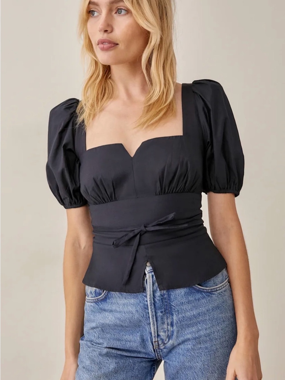 Reformation Fiske Black Square-Neck Puff Sleeve Tie-Waist Top - Picture 2 of 8